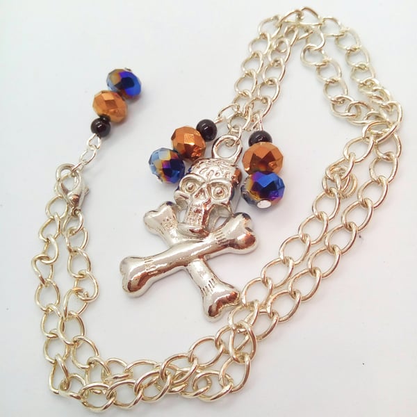  Skull & Crossbones Necklace With Blue Gold and Black Beaded Charms