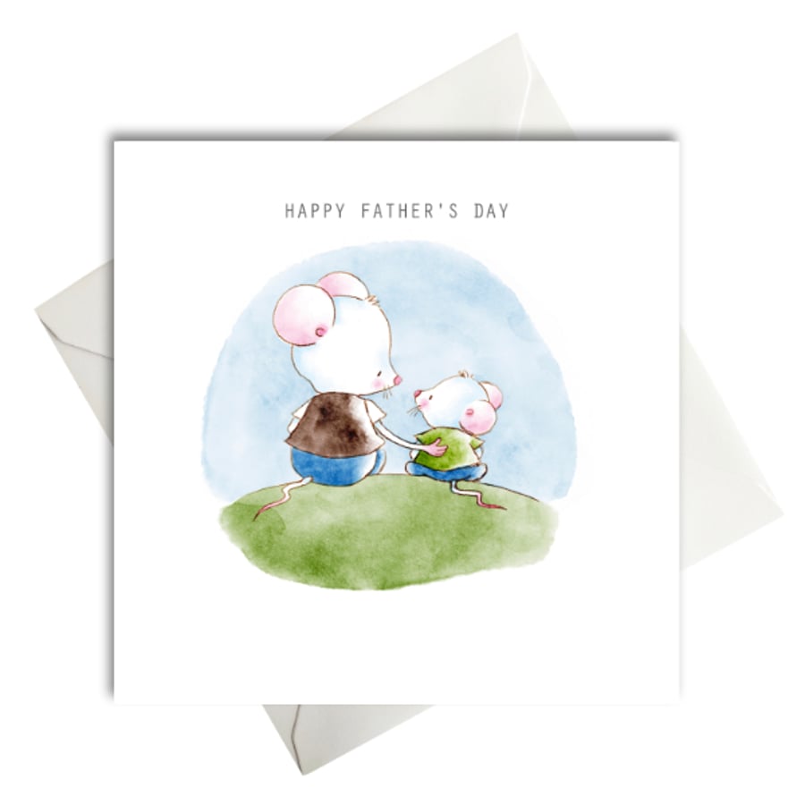 Father's Day Card Watercolour Illustration of Cute Father and Son Mouse