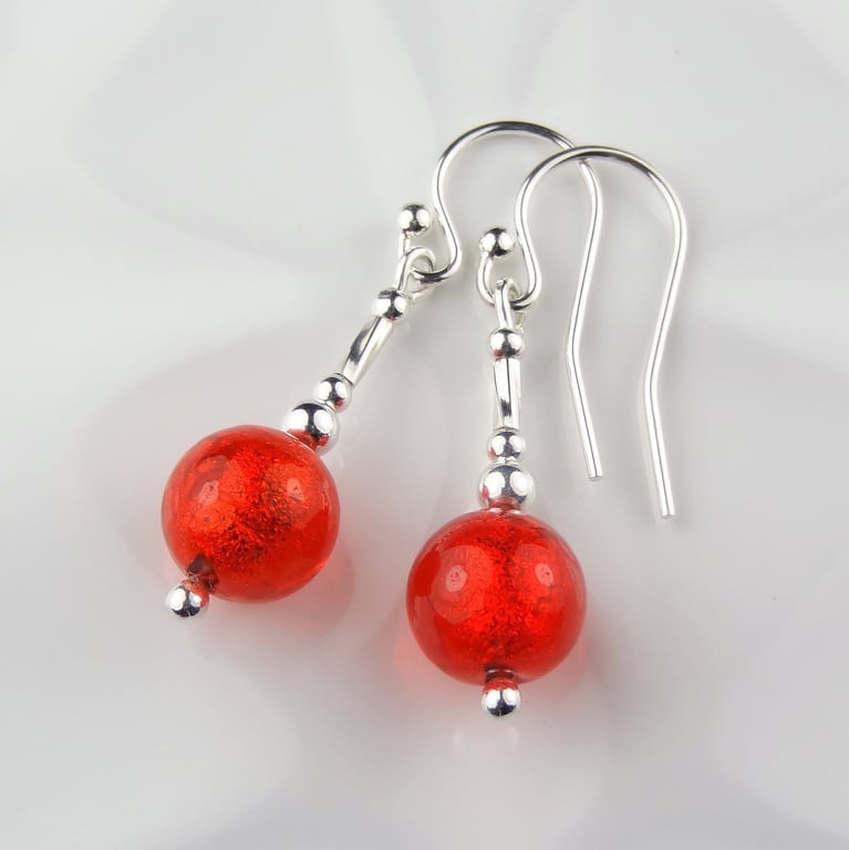 Sterling silver 8mm Red-Gold genuine Murano glass drop earrings with a twist