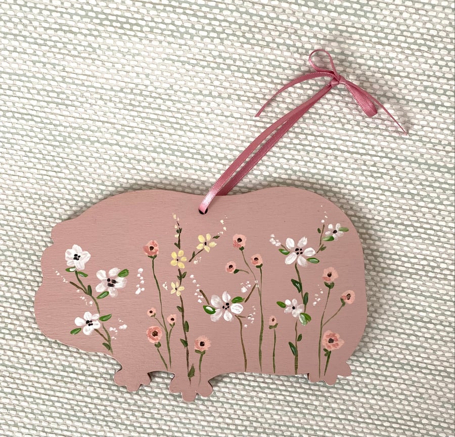 Wooden Guinea pig decoration, hand painted,  Floral guinea pig art