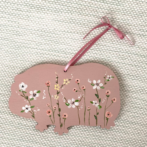 Wooden Guinea pig decoration, hand painted,  Floral guinea pig art