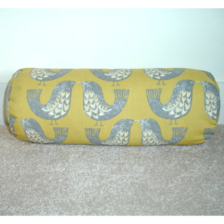 Bolster Cushion Cover 16"x6" Scandi Birds Yellow Ochre Round Cylinder Neck Roll