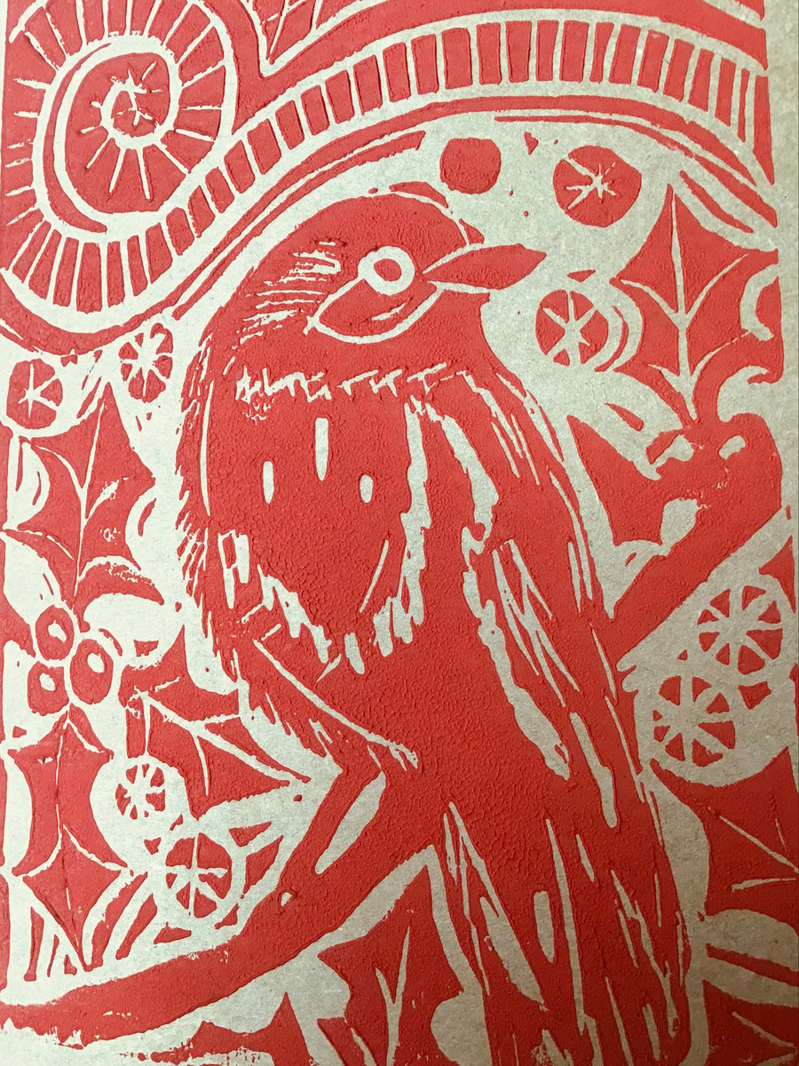 Christmas Robin. Red. Linoprint card