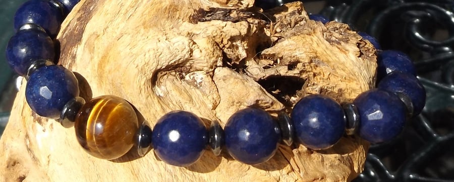 Blue quartzite stretch bracelet with hematite and tigers eye