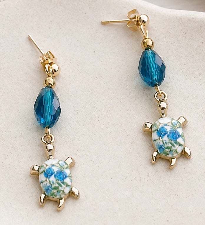 Teal Stud Earrings with Floral enamel Turtle Charm,