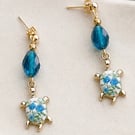 Teal Stud Earrings with Floral enamel Turtle Charm,