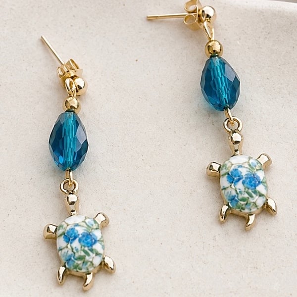 Teal Stud Earrings with Floral enamel Turtle Charm,