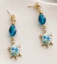 Teal Stud Earrings with Floral enamel Turtle Charm,