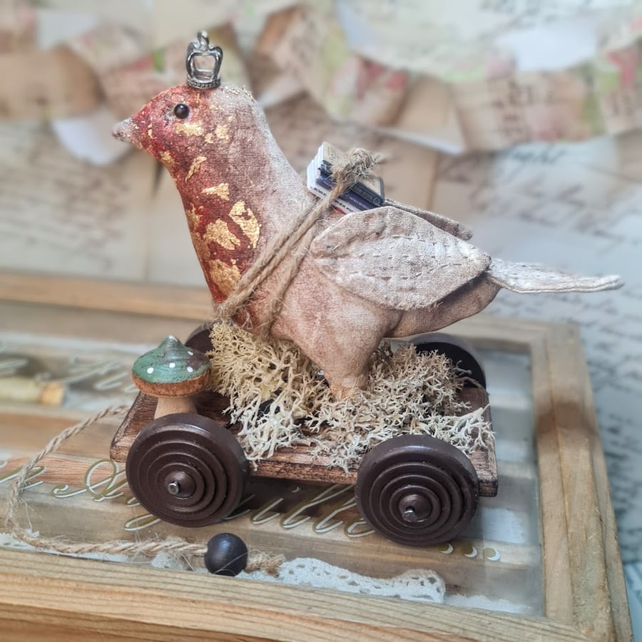 Birdy with books handmade soft sculpture textile art collectable