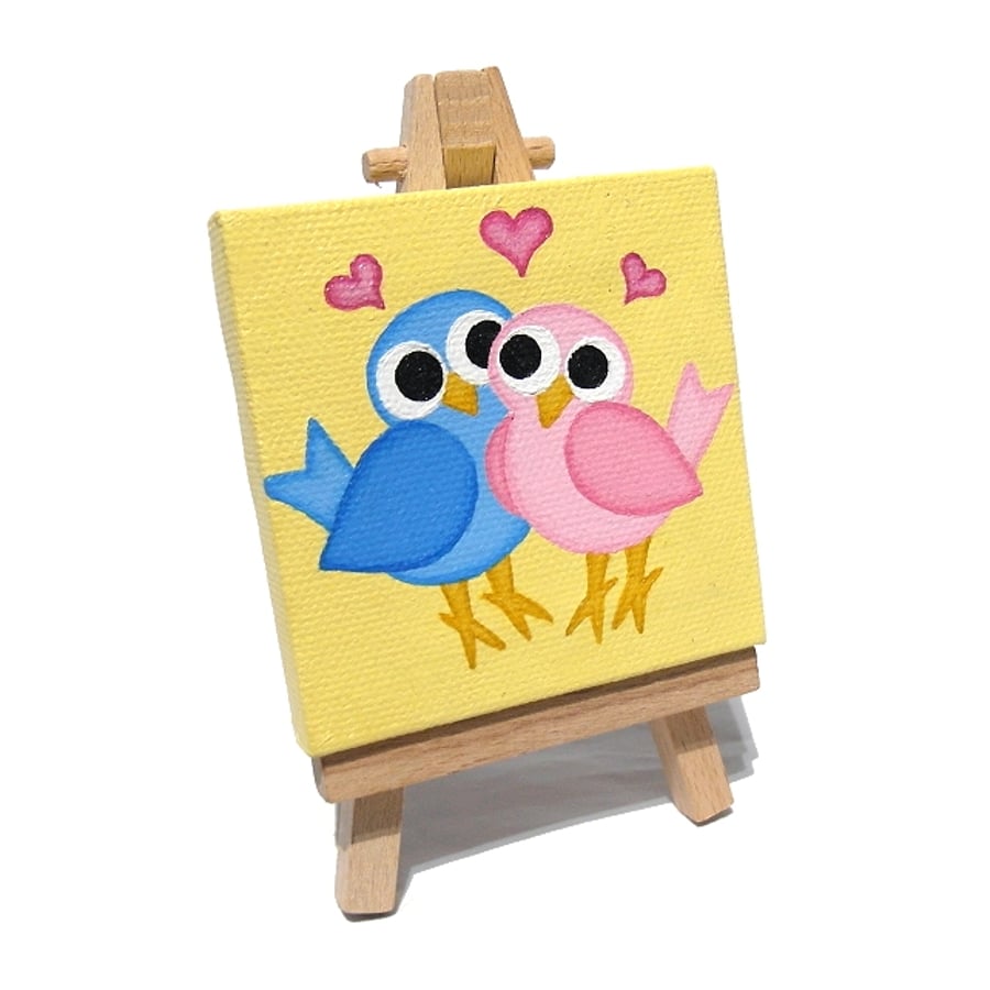 Sold Lovebirds Mini Canvas - original acrylic painting of cartoon birds in love
