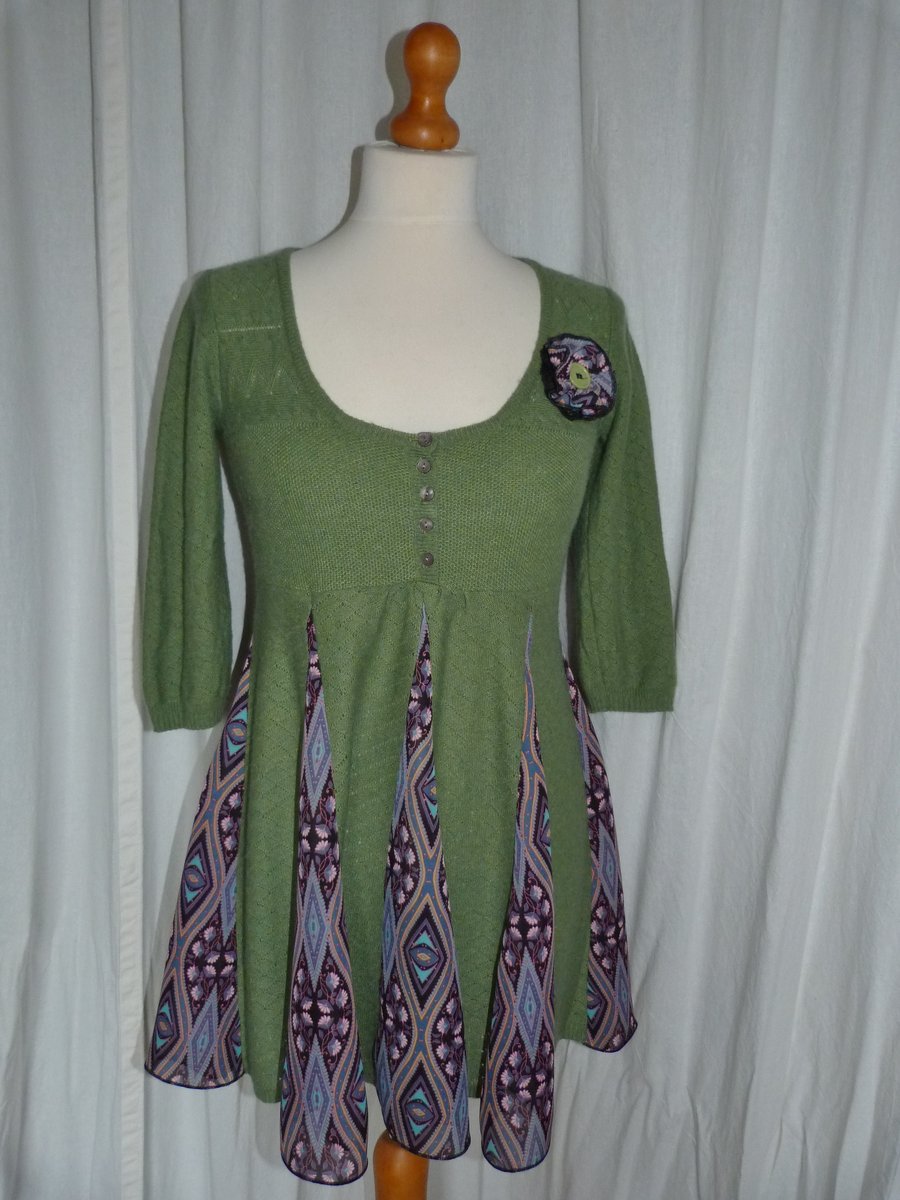 Up-cycled Swing Top From Cashmere and Merino Green Jumper Size 10-12