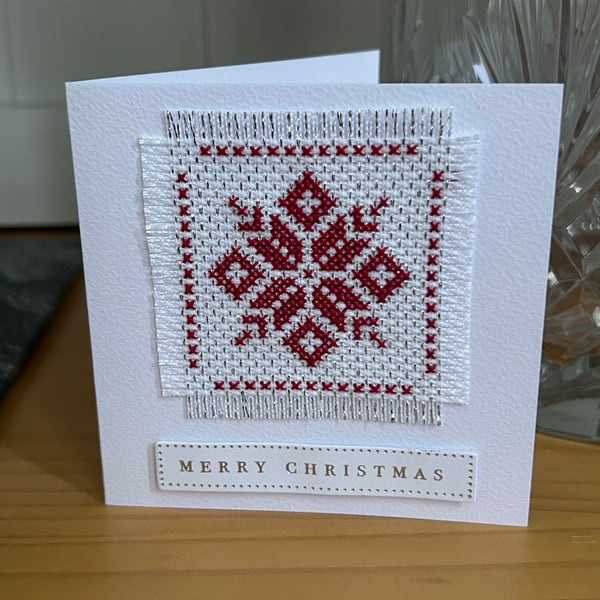 Scandinavian style cross stitch blank Christmas card 3 inch x 3 inch 