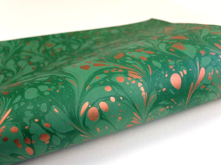 A3 Marbled paper sheet green copper waved fountain pattern 