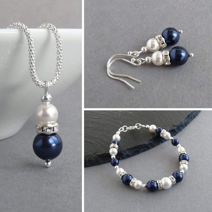 Navy Pearl and Crystal Jewellery Set - Dark Blue Necklace, Bracelet and Earrings