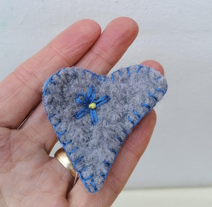 Heart Brooch in Felted Wool, Forget-me-not, Handmade,