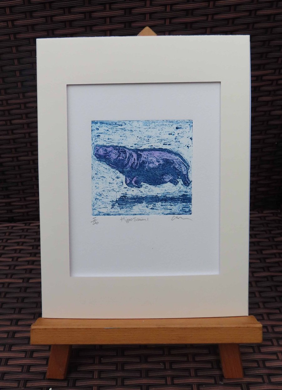 Purple Hippo Swim Art Original Collagraph Print Animal