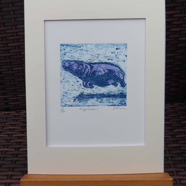Purple Hippo Swim Art Original Collagraph Print Animal