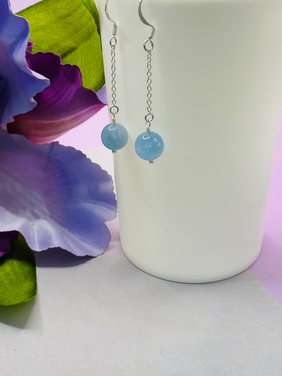 Sterling silver chain drop earrings with aquamarine stones