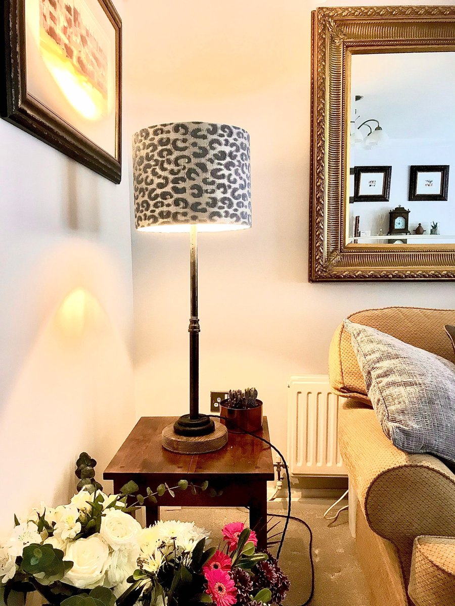 Midi Height Table Lamp, Iron Base on Antique Timber, Animal Print Textured Shade