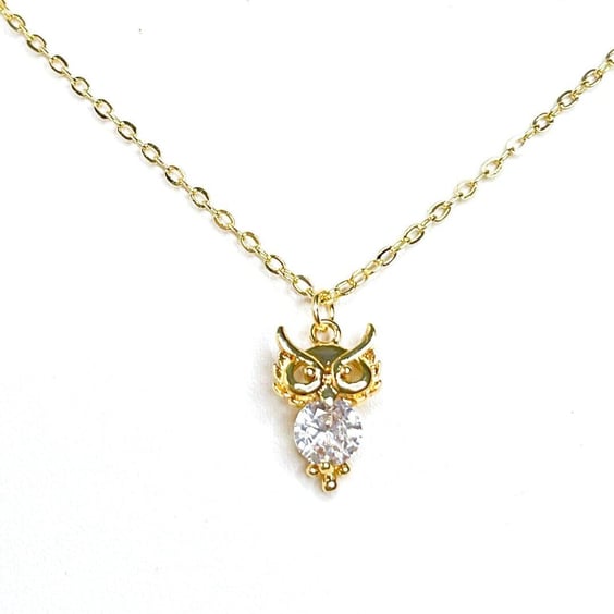 Cute Owl Crystal CZ Necklace, 14kt Gold Filled Pendant