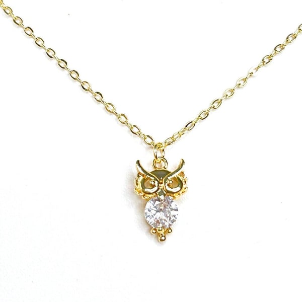 Cute Owl Crystal CZ Necklace, 14kt Gold Filled Pendant