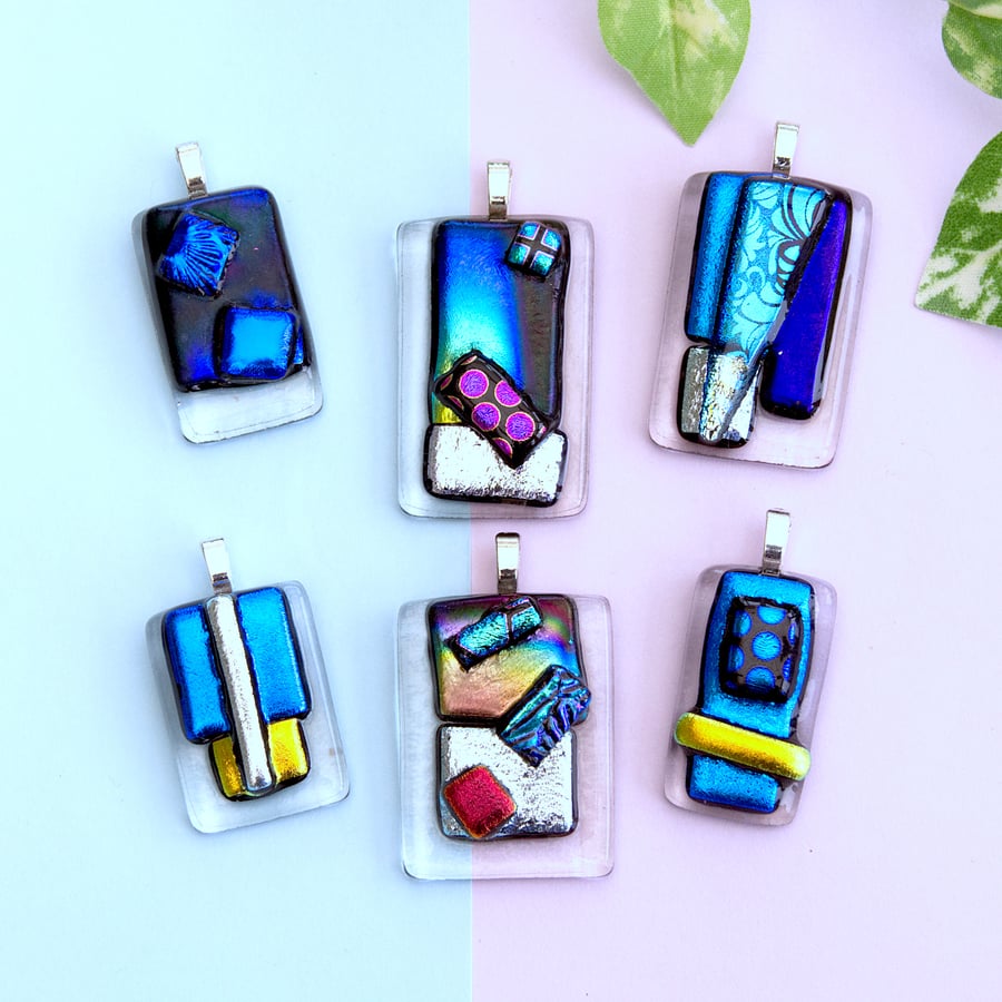 Blue and Purple Unique Tack Fused Dichroic Fused Glass Pendant Necklace