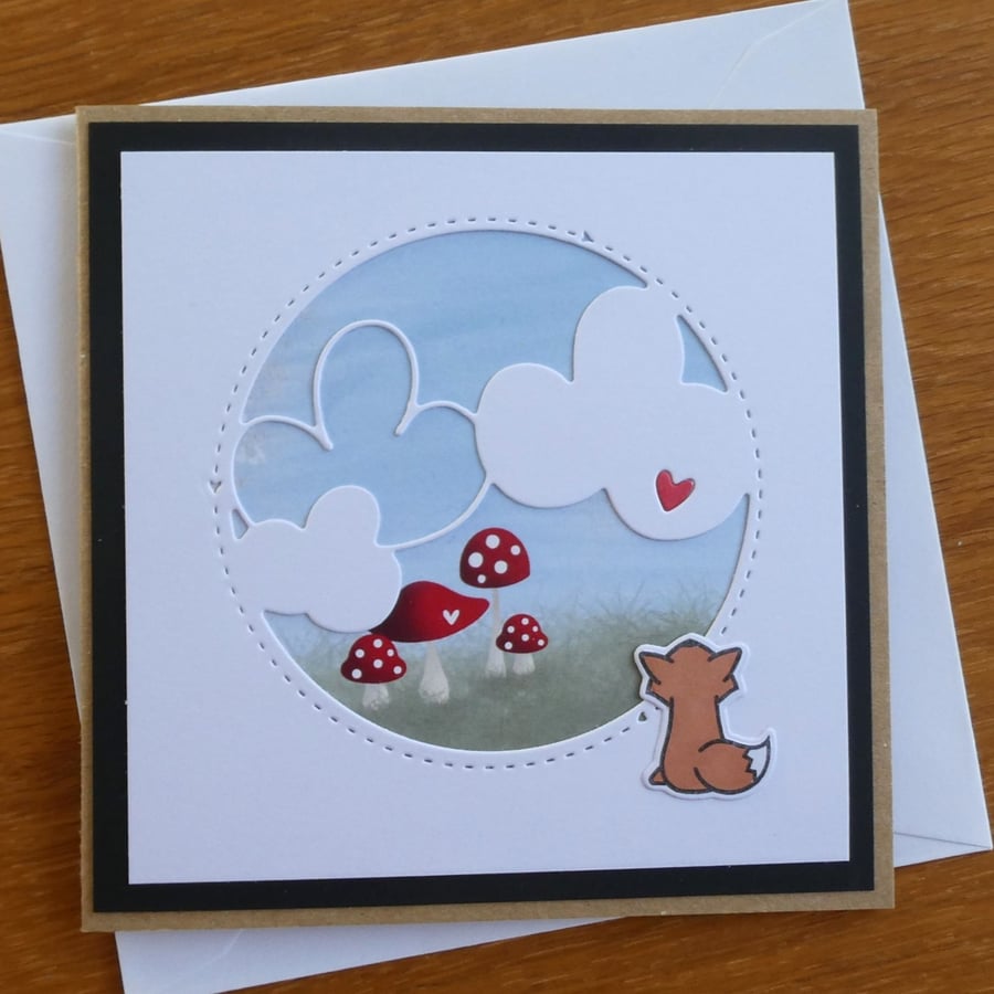 Fox With Clouds and Toadstools Blank Card