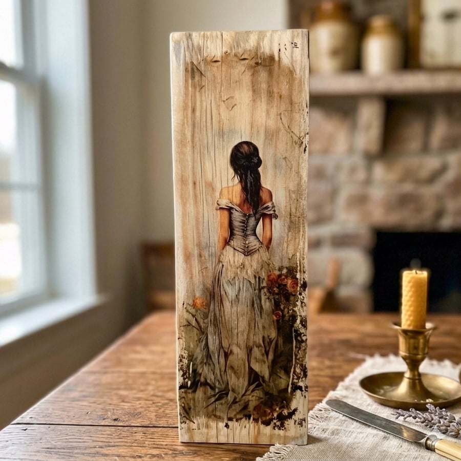 Gothic Romance Vintage Woman Portrait Rustic Wood Wall Art