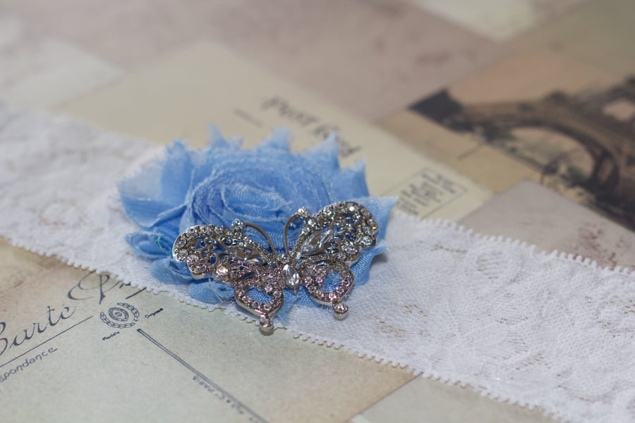 MAYA: Sky Blue Butterfly Wedding Garter. Something Blue. 