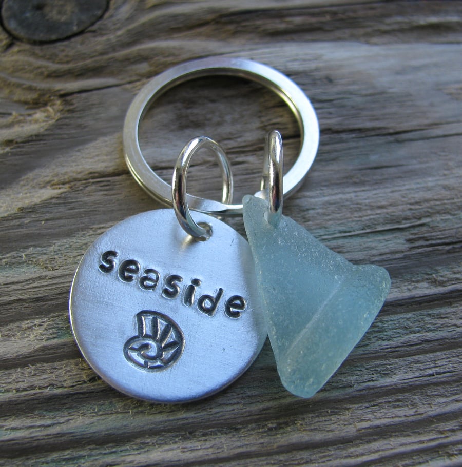 Sea glass and aluminium, stamped keyring