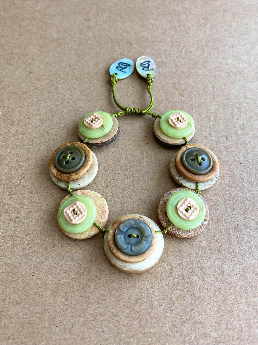 Apple Green Color Theme - Vintage Button Adjustable Handmade Bracelet