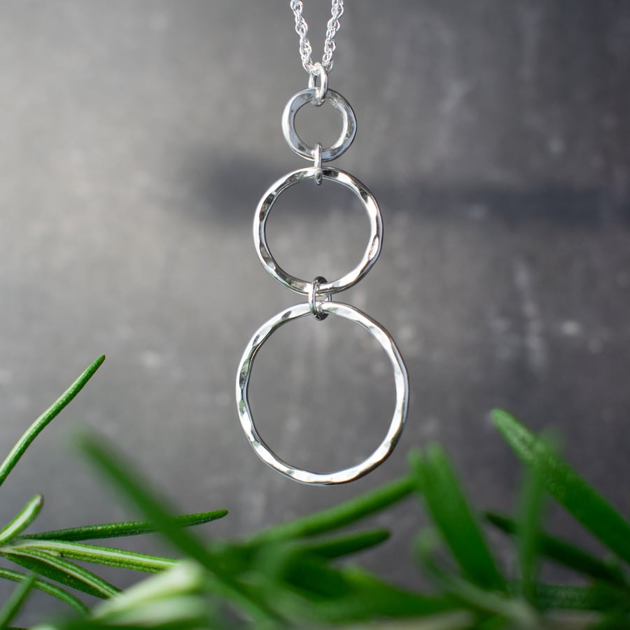 Silver Necklace, Hammered Silver Circles Pendant