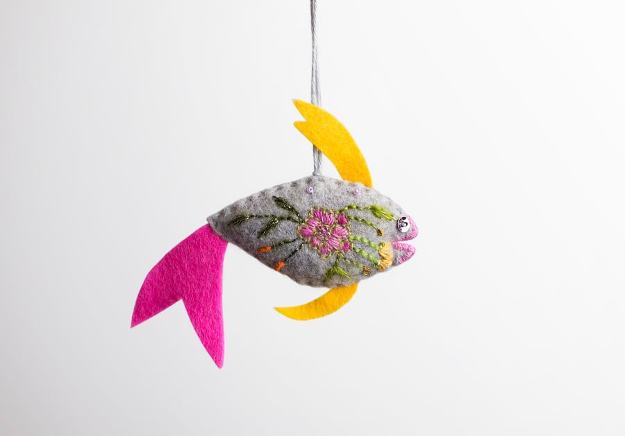 Big grey hand embroidered fish-shaped bag charm or ornament called Big Gilbert