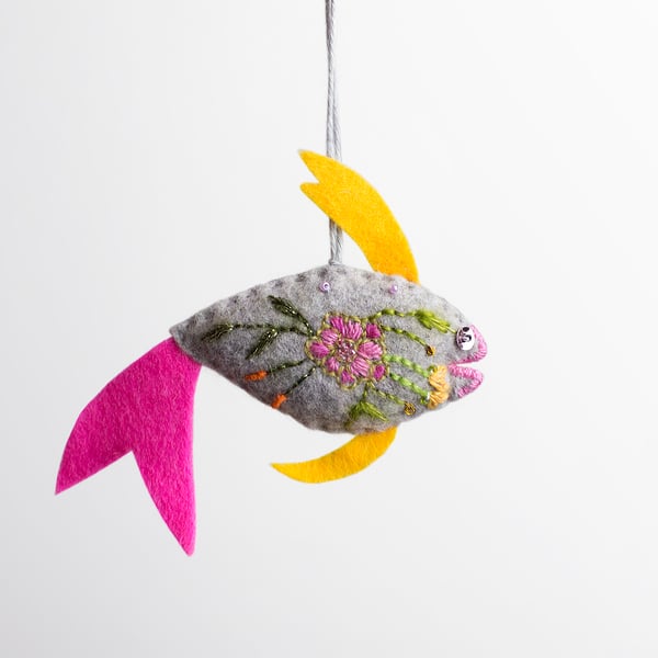 Big grey hand embroidered fish-shaped bag charm or ornament called Big Gilbert