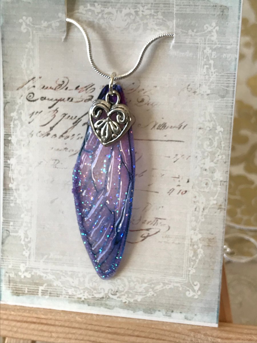 Purple Glittery Fairy Wing Heart Sterling Silver Necklace