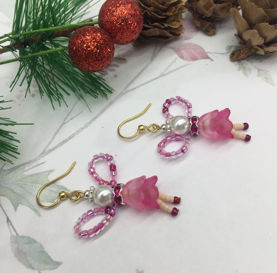 Sugar Plum Fairy glass pearl and diamante dangle earrings gifts for her 