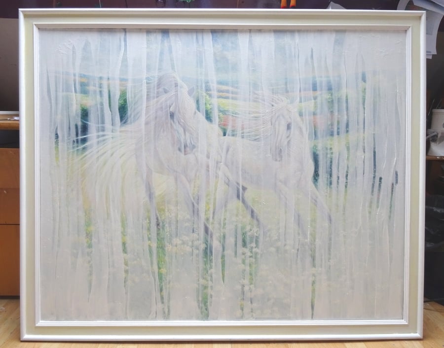 White Horse Echoes is a large framed abstract painting of white horses