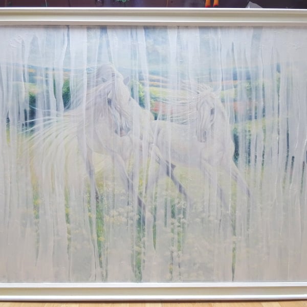 White Horse Echoes is a large framed abstract painting of white horses