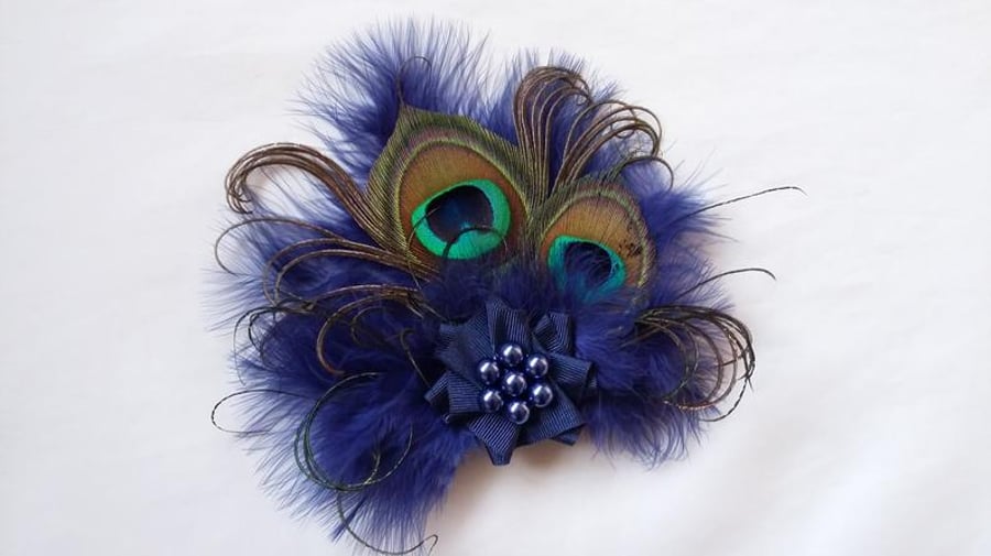 Dark Sapphire French Navy Blue Peacock Feather Rustic Hair Hat Clip Fascinator 