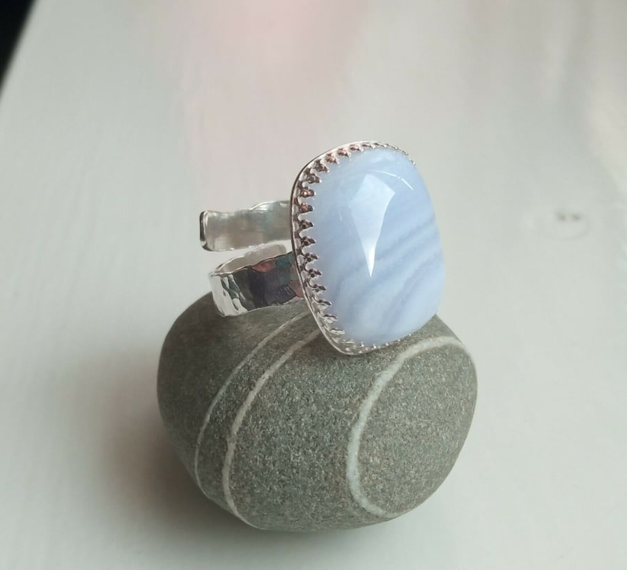 Sterling Silver 925 Blue Lace Agate Gemstone Adjustable Ring in Gift Box