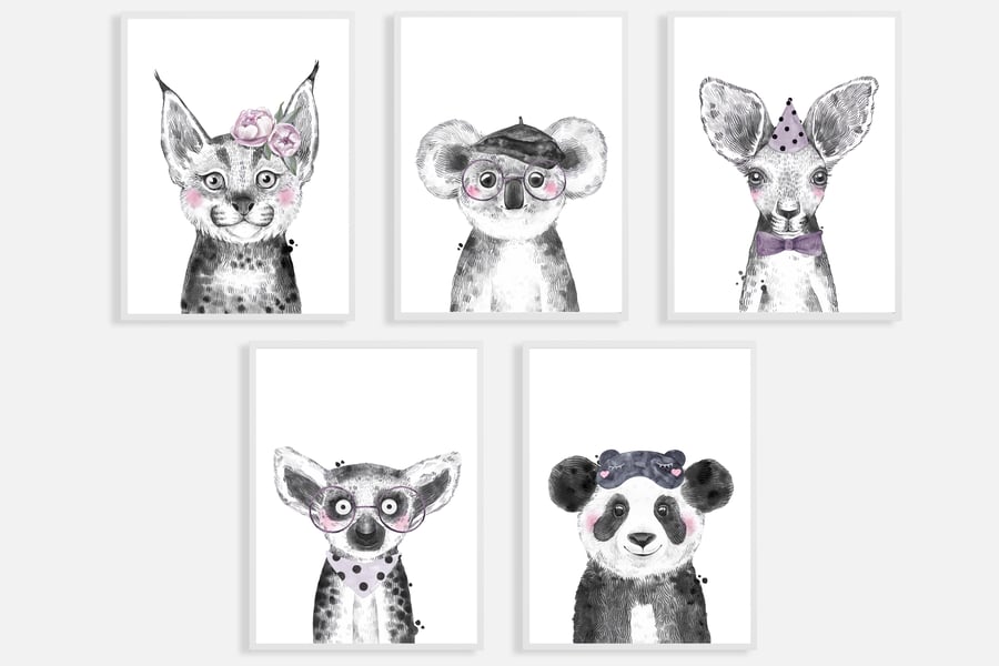 Watercolour  exotic animals nursery prints, exotic animals wall decor