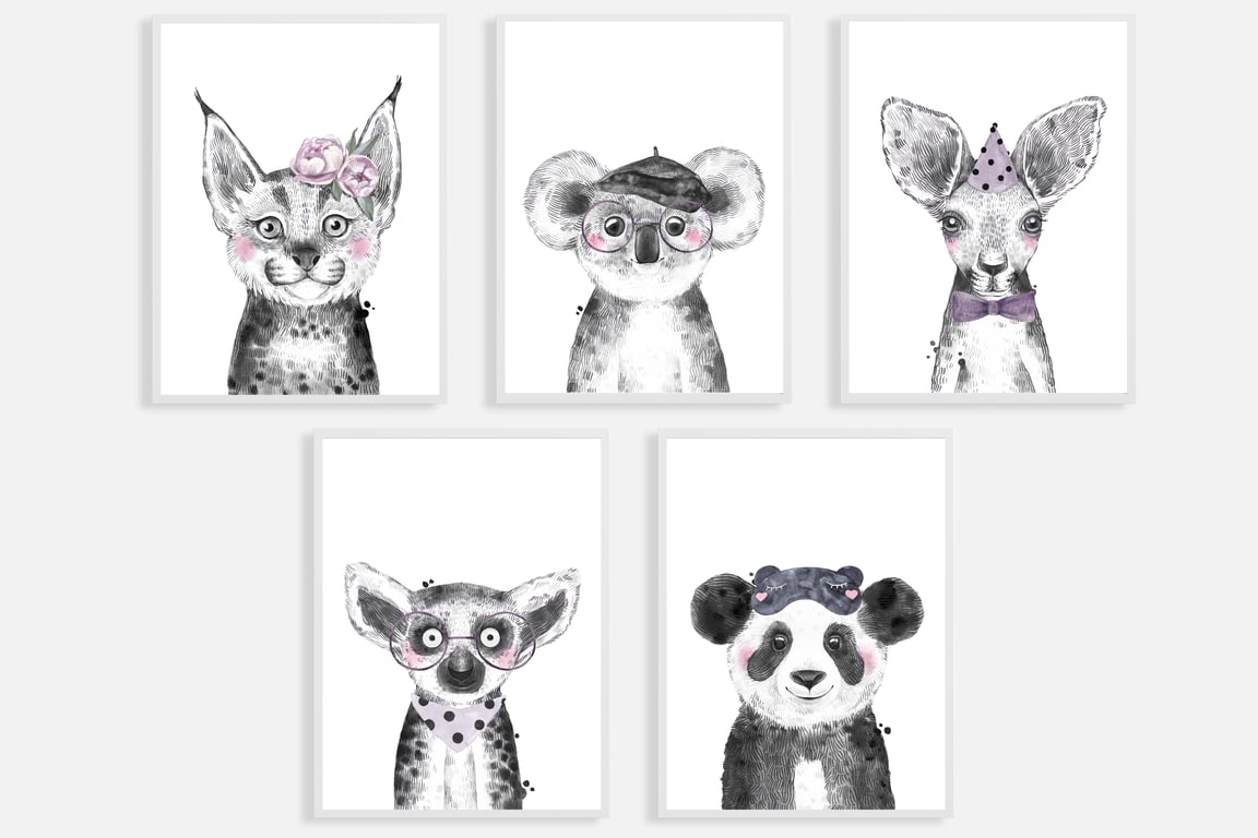 Watercolour  exotic animals nursery prints, exotic animals wall decor