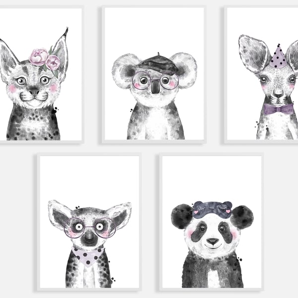 Watercolour  exotic animals nursery prints, exotic animals wall decor