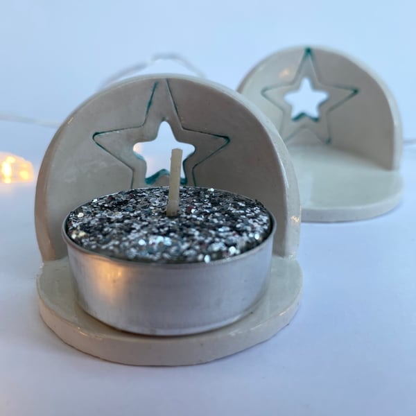 Set of two Ceramic Tea Light Holders (TEAL STAR)