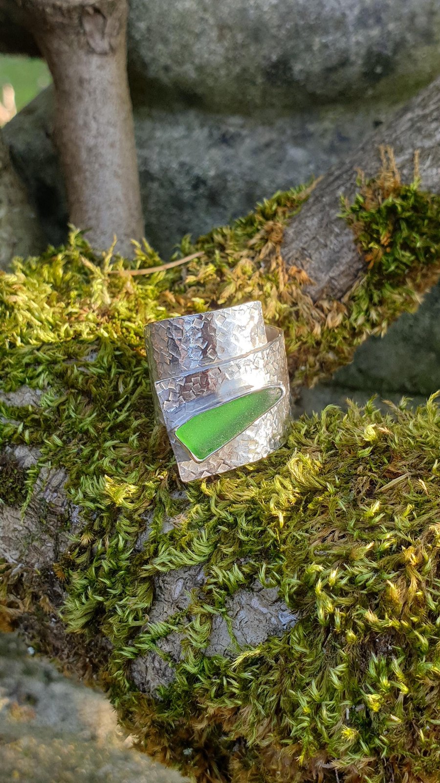 Unique Chuky Light Green Seaham Seaglass Wide Textured Spiral  Ring 