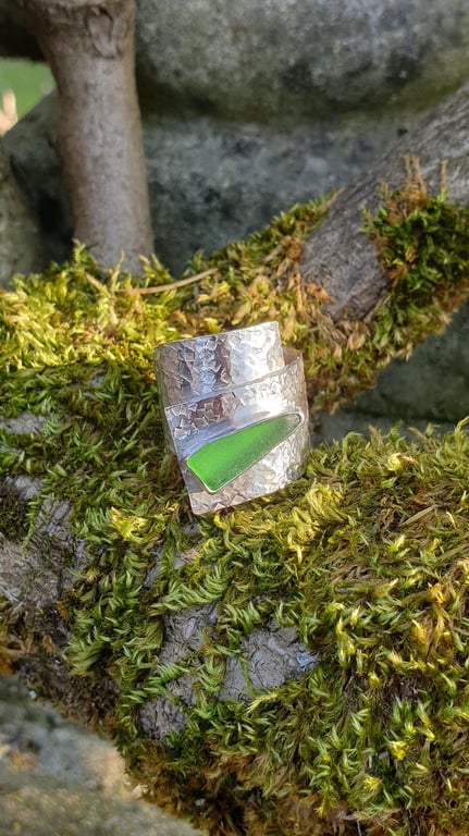Unique Chuky Light Green Seaham Seaglass Wide Textured Spiral  Ring 
