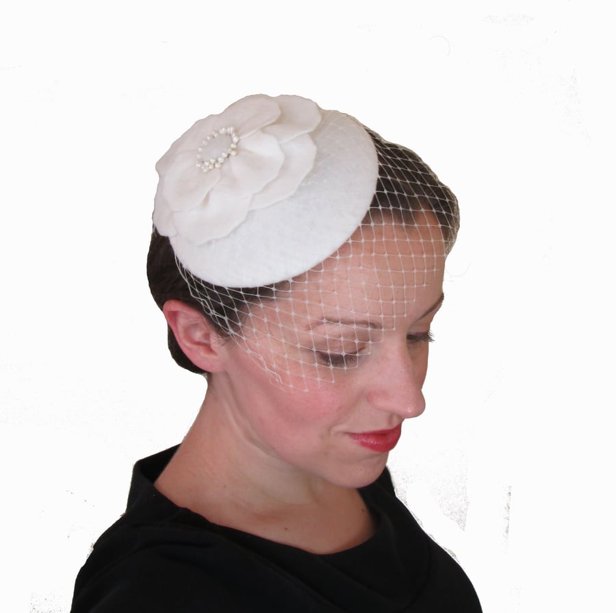 Bridal Wedding Hat - Wedding Fascinator, Cocktail Hat, White Hat, Handmade