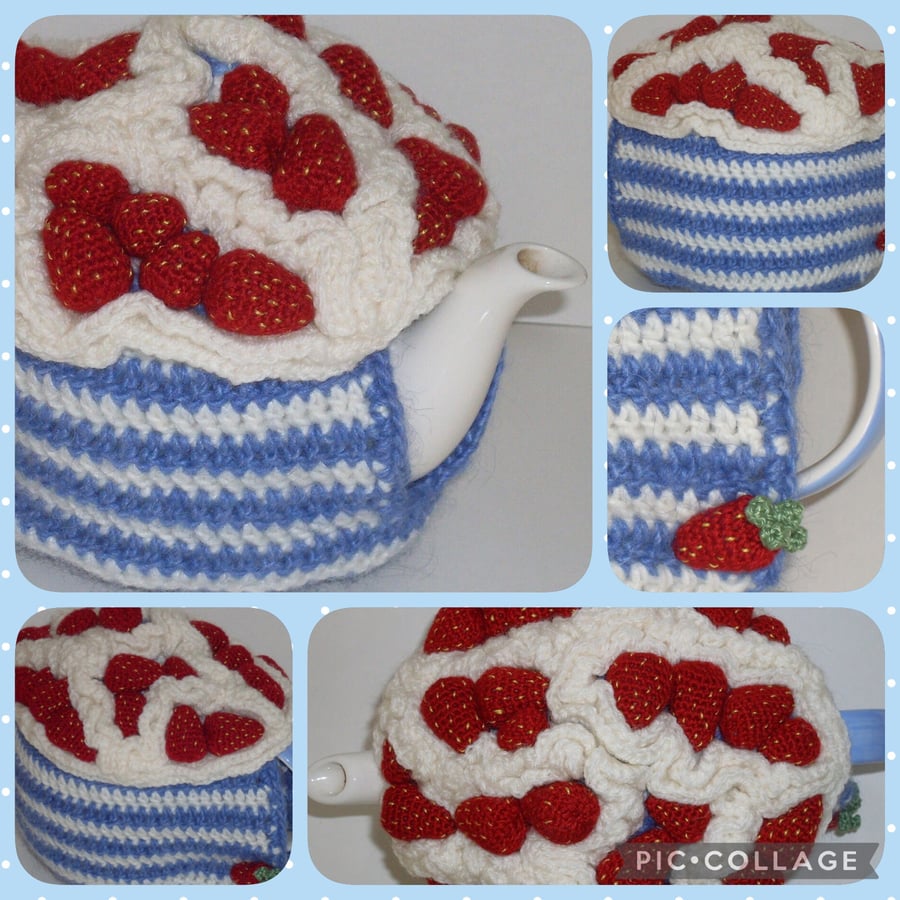 strawberries and cream crochet tea cosy