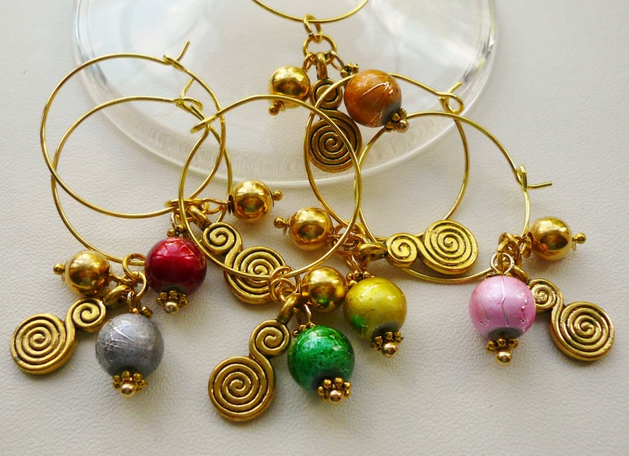 Gold Plate Swirl and  Beaded Wine Glass Charms     WGCB10