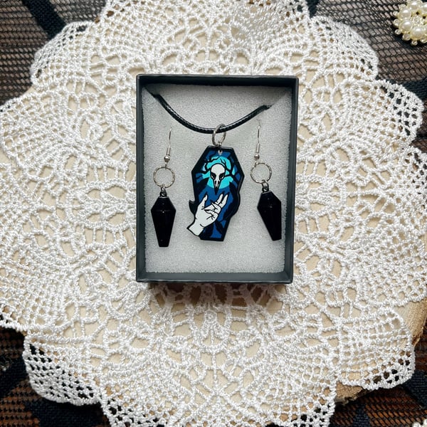 Gothic coffin necklace and earring set